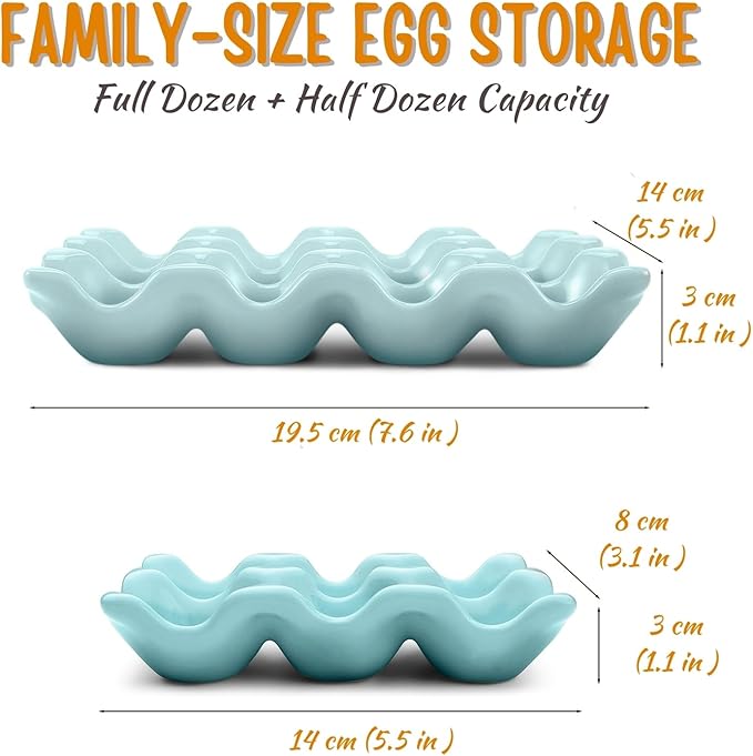 Flexzion 12 + 6 Cups Ceramic Egg Holder for Fridge - 18 Porcelain Egg Tray Container Keeper Storage Organizer Decorative Serving Stand Serveware for Refrigerator Countertop Display Kitchen (Blue)