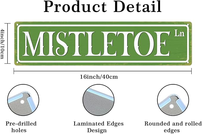 Mistletoe Lane Christmas Metal Sign Vintage Print Art Poster Tin Plaque for Home Farmhouse Kitchen Patio Yard Cafe Bar Front Door Wall Decor 4x16 Inch