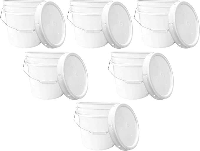 3.5-Gallon Bucket with Airtight Lid – Made in USA, Food Grade BPA Free Plastic, Heavy Duty Multi-Use, Metal Handle with Grip, Stackable Storage – White, 6 Pack