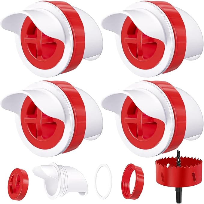 MAFONE DIY Chicken Feeder No Waste,Mess Cups Kit for Gravity Automatic Chickens Bucket Feeder Fit for Buckets, Barrels, Bins,Troughs,Rain Proof Poultry Feeder Port(4 White Red Ports,1 Hole Saw)