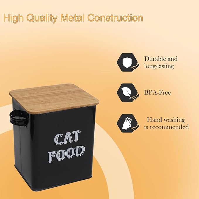 Pethiy Cat Food and Treats Containers Set with Scoop for Cats or Dogs -Tight Fitting Wood Lids - Coated Carbon Steel - Storage Canister Tins-Cat-Black
