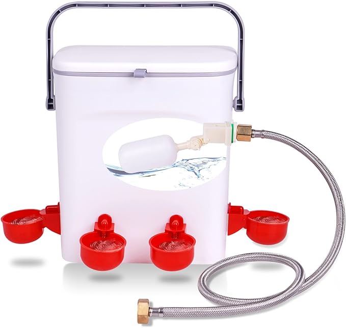 Automatic Chicken Waterer with Float Valve Kit Hose Attachment and 4 Poultry Water Cups, Duck Chicken Water Feeder Poultry Waterer (2 Gallons)