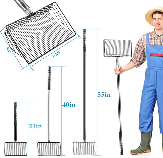 Large Chicken Poop Scooper, 10 Inch Chicken Coop Rake with Adjustable Stainless Steel Ergonomic Handle (23 to 55 Inch) for Chicken Coop Cleaning Tools