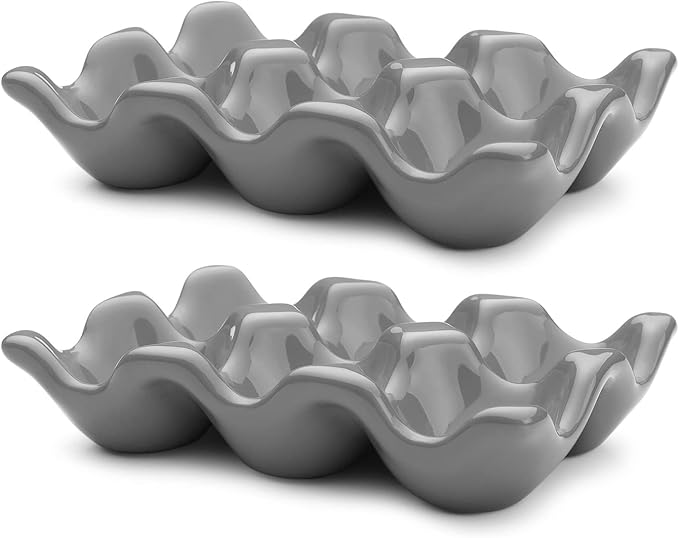 Flexzion Porcelain Egg Crate - 6-Egg Capacity Ceramic Egg Tray, Half Dozen Egg Holder for Fridge, Countertop Display - Gray Decorative Serving Dish and Storage Organizer, 2 Pack