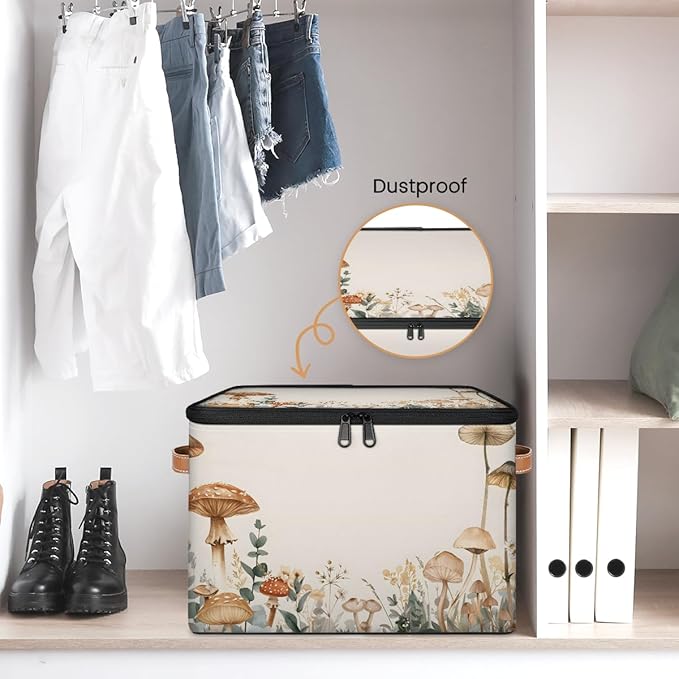 Mushroom Flower Storage Bins With Lids Fabric Collapsible Storage Box with Leather Handles for Home Bedroom Foldable Closet Shelf Organizer