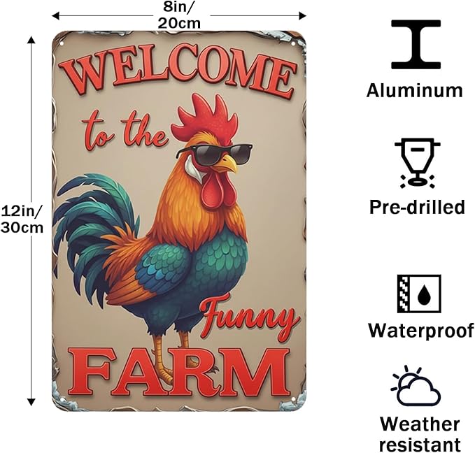 Welcome to The Funny Farm Aluminum Sign Humorous Chicken Coop Sign Rustic Farmhouse Welcome Sign for Backyard Flock 8x12 Inches Outdoor Metal Decor Style-04