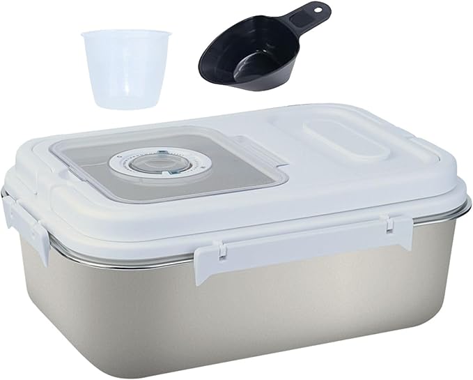 Saim Rice Containers - Stainless Steel Flour Storage Container with Silicone Airtight Lid and Scoop, Measuring Cup/Portable Rice Dispenser for Dry Beans, Oatmeal and Grains (15 Lbs)