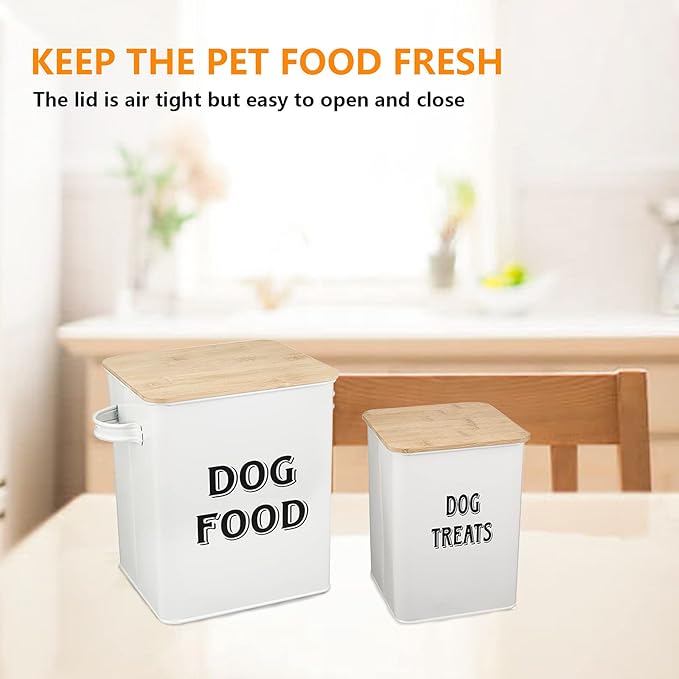 Pethiy Dog Food and Treats storage tin Containers Set with Scoop for Dogs-Tight Fitting Wood Lids-Coated Carbon Steel-Storage Canister Tins-White