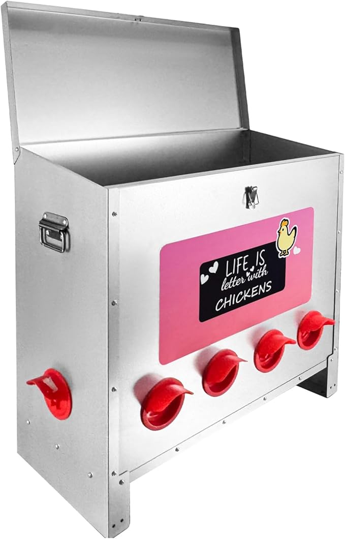 Automatic Chicken Feeder 85-120LB Large Capacity Poultry Feeders with 10 No Waste Feeding Ports Galvanized Metal Feeder Box with Locking Lid and Handles for Outdoor