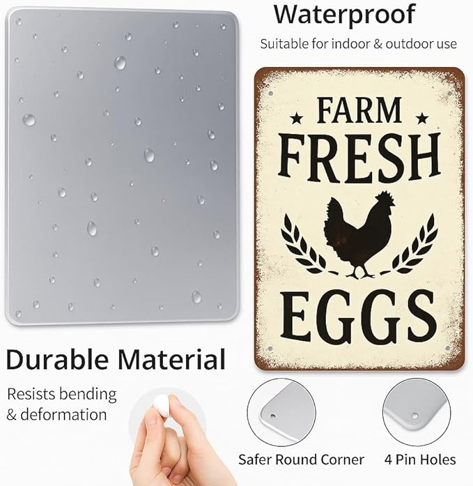 Vintage Farm Fresh Eggs Metal Sign,Farmhouse Style Tin Signs For Chicken Coop Rustic Kitchen Garden Decor Farmhouse Style 8"×12"