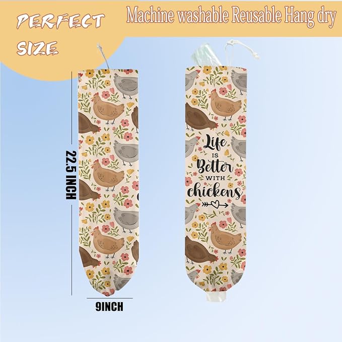 Chicken Flowers Plastic Bag Holder, Wall Mount Grocery Bag Holder, Plastic Storage bag, Storage Organizer Grocery Bags with Drawstring, Chicken Gifts for Women Mom Grandma Animal Lovers