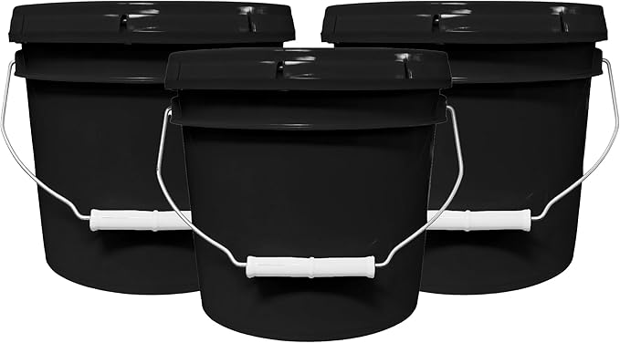 1-Gallon Bucket with Airtight Lid – Made in USA, Food Grade BPA Free Plastic, Heavy Duty Multi-Use, Metal Handle with Grip, Stackable Storage – Black, 3 Pack