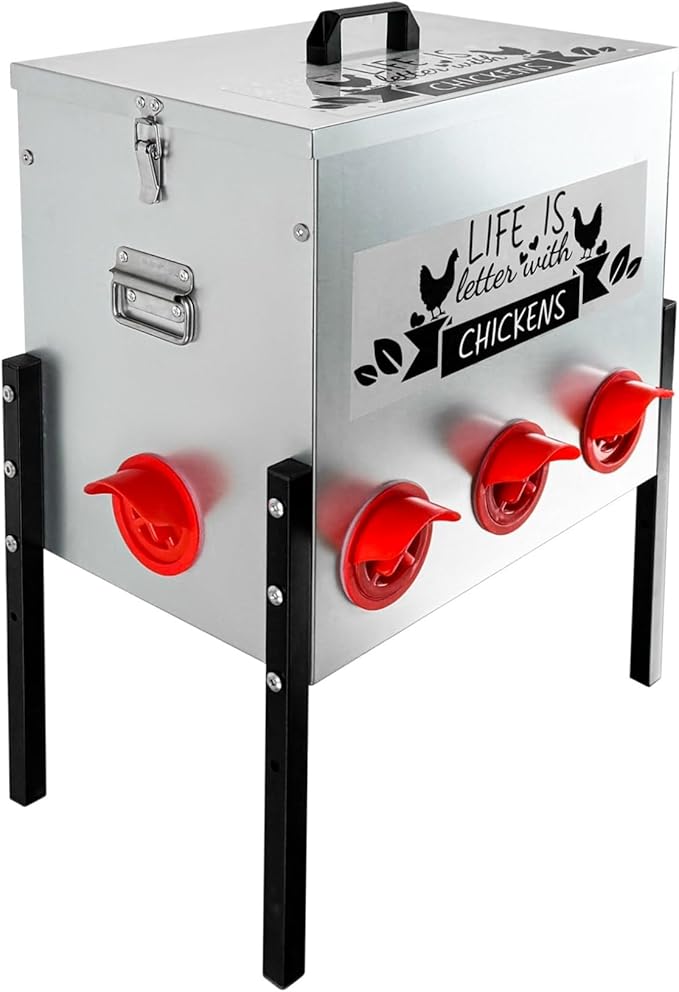 50LB Automatic Chicken Feeder with 8 Ports No Waste Galvanized Metal Poultry Feeder Outdoor Chicken Feeder Box with Adjustable Height Legs and Locking Lid for Chickens Ducks Geese Silver