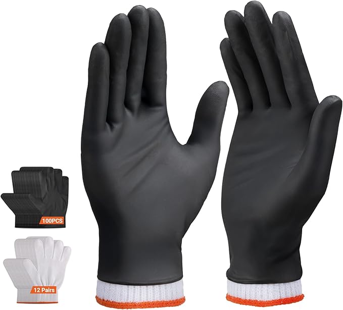 100 PCS Disposable Black Nitrile BBQ Gloves Large - 5 Mil for Cooking, Serving, Butcher, Grilling Cooking Accessories Power Latex Free, with 12 Pairs Cotton Glove Liners Men & Women