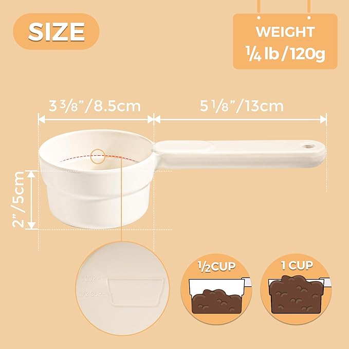Melamine Pet Food Scoop, Cat Food Measuring Cups, Comfortable Long Handle Scoop for Dog, Cat, Ferret and Rabbit Food, 1 Cup Size Pet Food Feeding Scoop Dishwasher Safe (White