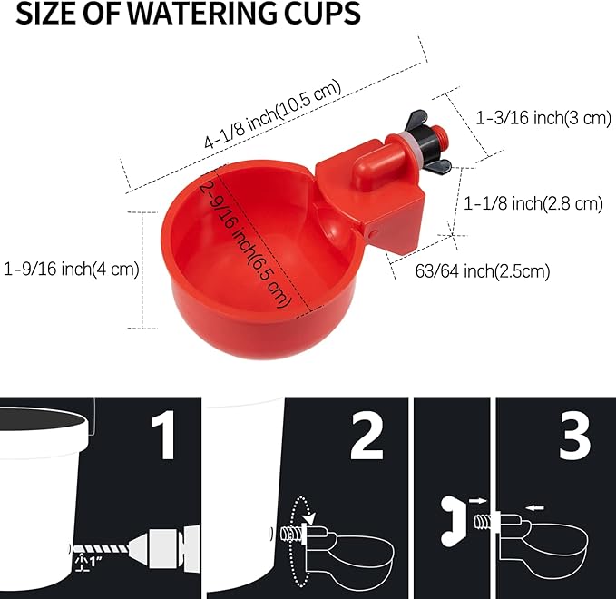 Chicken Waterer Cups 4 Pack Automatic Chicken Water Cups for Poultry LANARP Float Style Gravity Chicken Watering System Poultry Water Feeder Kit Chicken Waterer 5 Gallon with Mounting Hole Opener