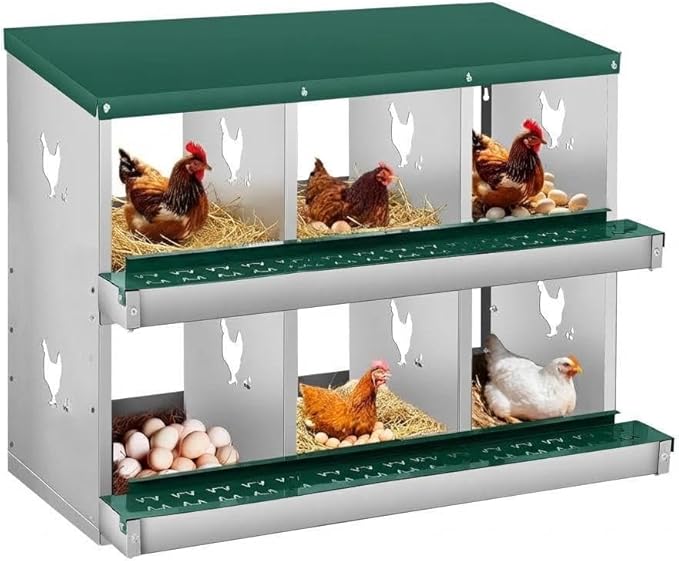 Nesting Boxes for Chickens, 6 Compartments, Nesting Boxes with 4 Dummy Eggs and 10 Dampproof Pets Mats, Green, Stainless Steel, Wall-Mountable & Roll Away Design