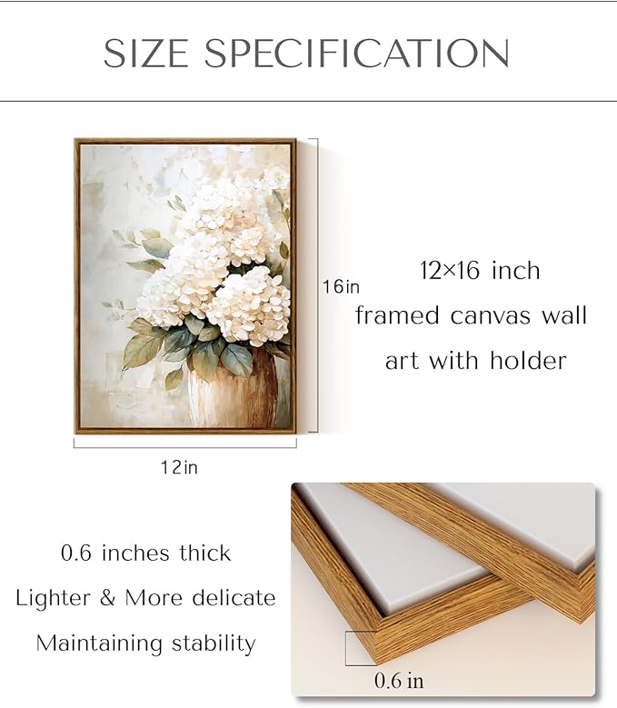 InSimSea Framed Canvas Wall Art Vintage Flower Wall Pictures Room Decor Aesthetic Hydrangea Small Prints Desk Shelf Decor Floral Paintings Farmhouse Artwork for Bedroom Bathroom Office Kitchen 12x16in