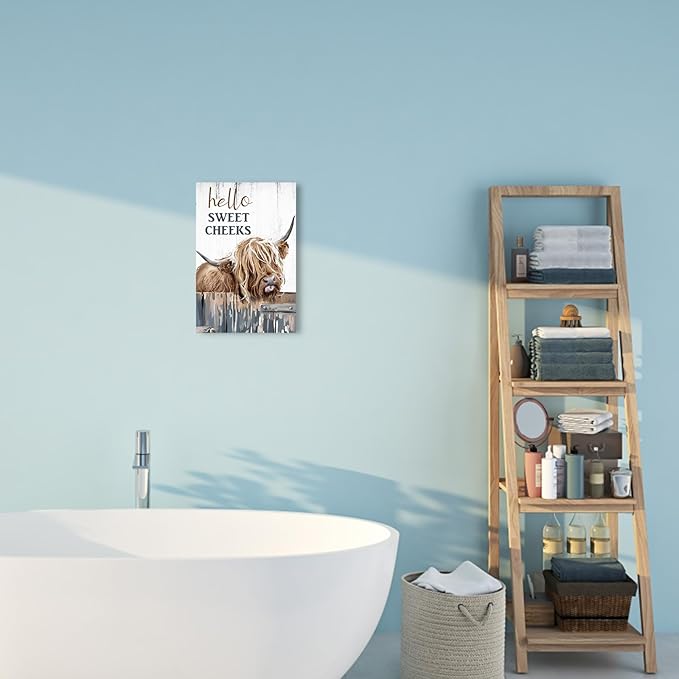 Highland Cow Picture Bathroom Decor: Hello Sweet Cheeks Highland Cow Wall Art Canvas Prints Farmhouse Bathroom Wall Decor, Farm Animal Pictures Cow Paintings Rustic Country Home Decor 8" X 12"