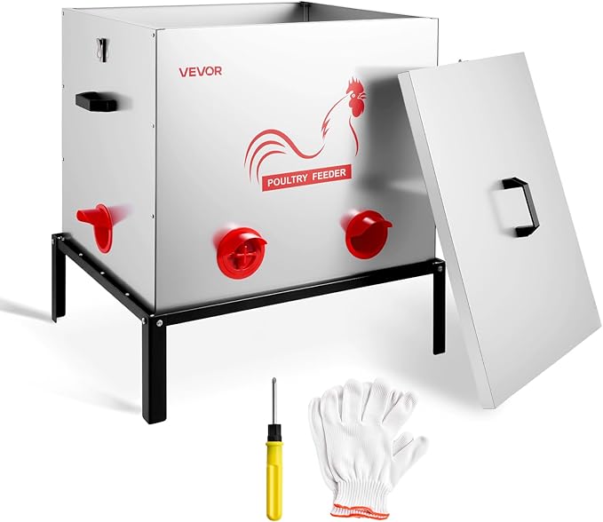 VEVOR Automatic Chicken Feeder, 85 lbs Capacity, 6 Feeding Ports No-Waste Poultry Feeder with Built-in Divider, with Latch & Handle, Metal Construction, for Chickens Bantams Pheasants Poultry Coop