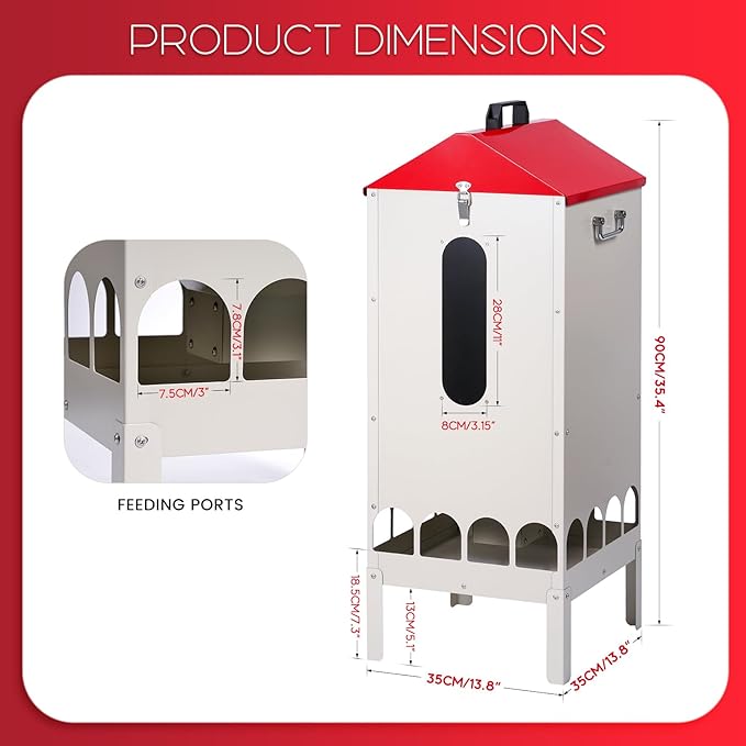 70-85lbs Automatic Chicken Feeder No Waste Gravity Poultry Feeder with 16 Ports and Visible Feed-Level, Chicken Food Dispenser for Duck, Goose, Turkey