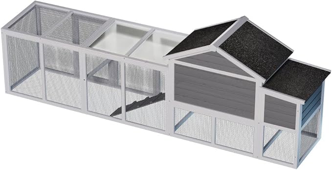 Large Wooden Chicken Coop for Outdoor Use with Run, Waterproof Roof, Anti-UV Protection, Removable Tray, and Nesting Box for 2-4 Hens (Gray + Wood)