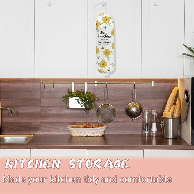 Flower Plastic Bag Holder, Wall Mount Grocery Bag Holder, Plastic Storage bag, Flowers Storage Organizer Grocery Bags, Pull Rope Free Adjustment, Bee Gifts for Women Mom Grandma