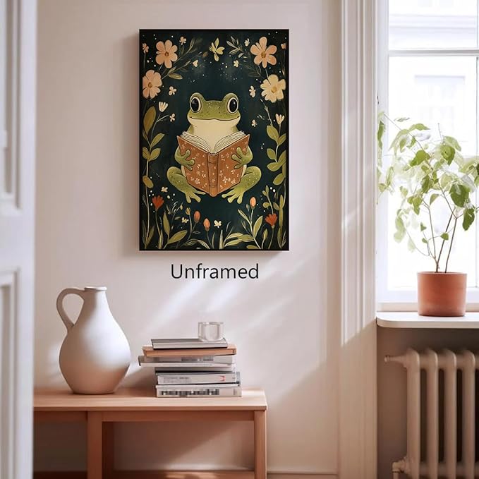 Frog Canvas Wall Art, Green Frog Reading A Book Poster, Rustic Nursery Animal Painting, Cozy Folk Art Print, Farmhouse Botanical Floral Painting for Kids Room 16x24in Wrapped Canvas
