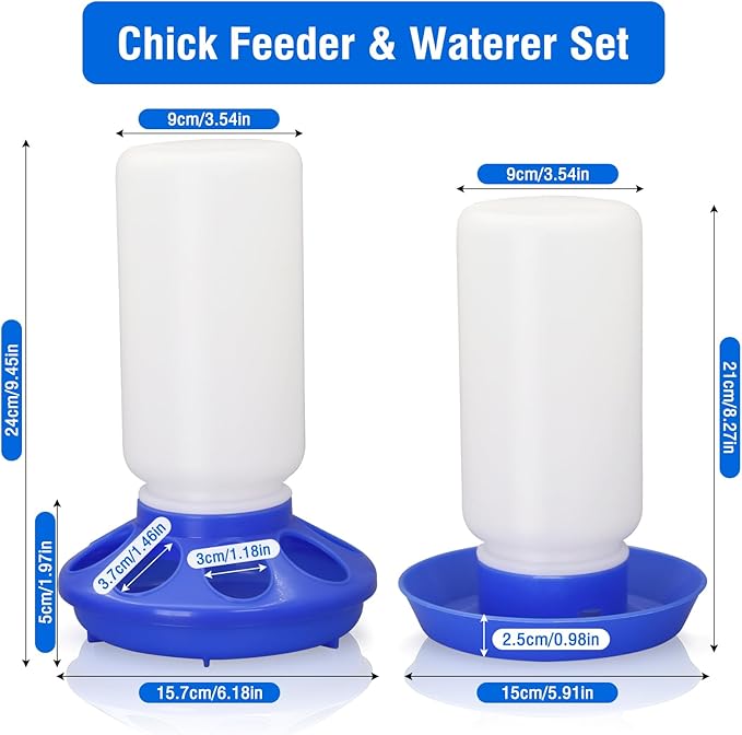 Chick Feeder and Waterer Set No Waste Automatic Chicken Feeder and 1L Waterer for Baby Chicks, Ducks, and Quail – Brooder Starter Kit (Blue)