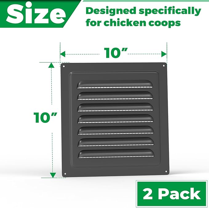 Forestchill Air Vent Louver for Chicken Coop, 2 Pack 10" x 10" Air Vent Grilles with Built in Screen Mesh, Louvered Exhaust Grille for Chicken Coops Ventilation, Black