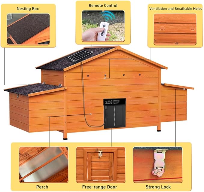 Automatic Chicken Coop with Solar Powered Door, Weather-Resistant Outdoor Chicken House with Timer & Light Sensor, Ventilated Wooden Hen House with 2 Nesting Boxes & Pull-Out Tray for Easy Cleaning
