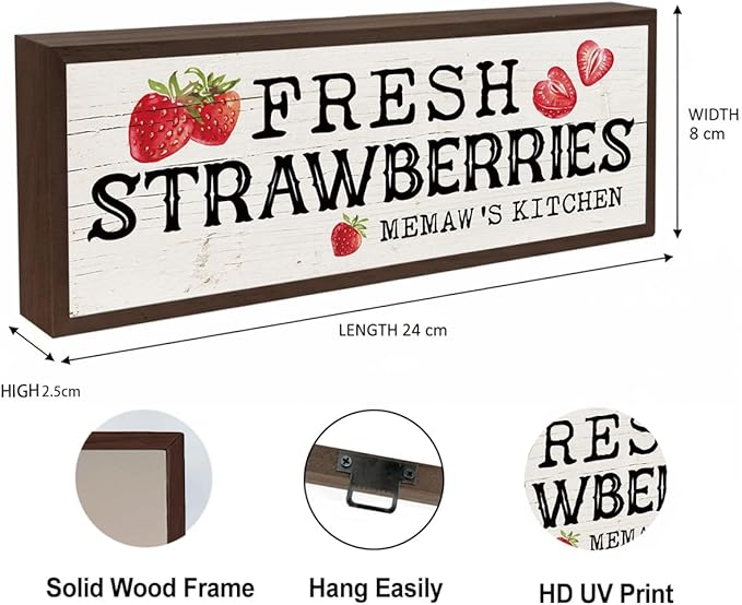 Memaw 's Kitchen Sign, Fresh Strawberries Sign, Country Style Tabletop Decor, Framed Wood Hanging Signs, Home Kitchen Wall Art, Gift for Mimi Grandma 9.5x3.1x1 inches