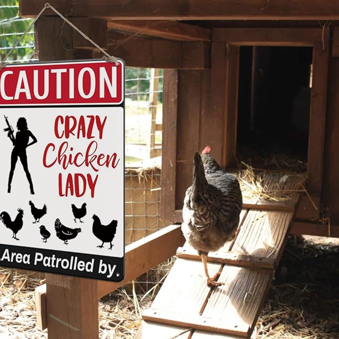YOYI ART Funny Chicken Coop Sign - Area Patrolled by Crazy Chicken Lady, Metal Vintage Caution Sign for Farm Fence Decor, 8 x 12 inch