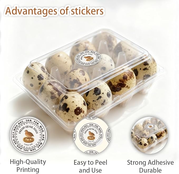 320 Pcs Quail Eggs Carton Labels, 2 Inch Round Fresh Quail Eggs Handling Stickers Waterproof PET Adhesive Quails Egg Packaging Sticker for Box Container Carton Farm Supplies