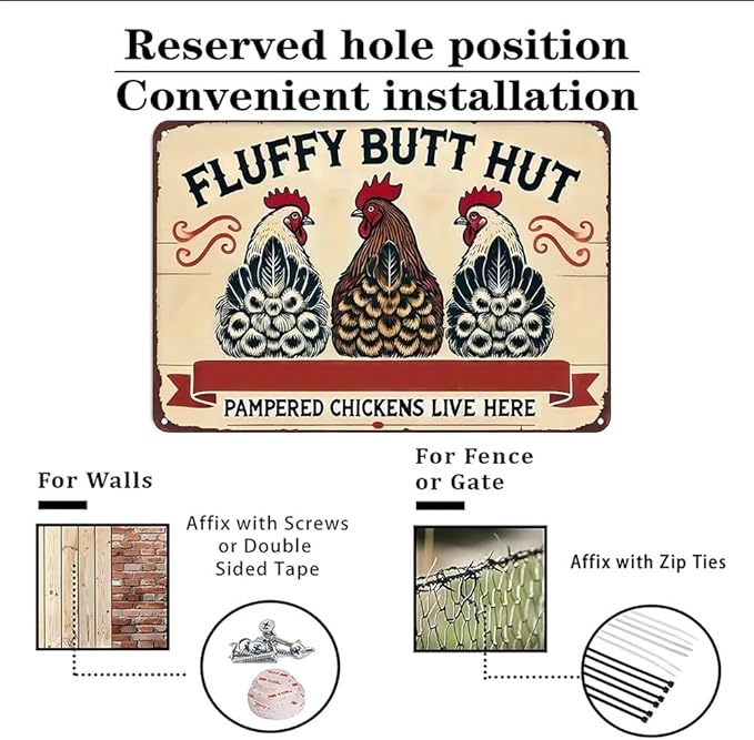 Funnysign Vintage Fluffy Butt Hut Pampered Chickens Live Here Chicken Tin Sign for Chicken Coop Farm Kitchen Garden Yard Decor 8x12 inch (3940)