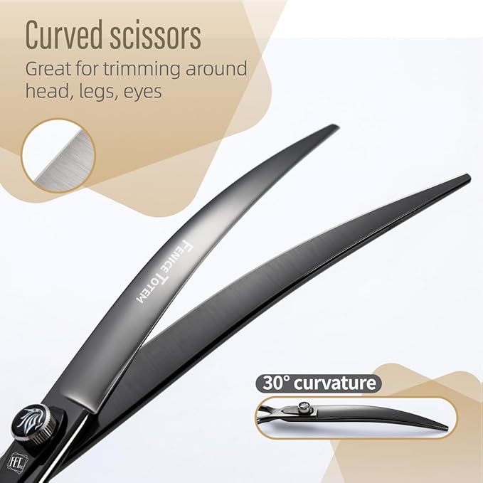 Dog Grooming Scissors: 8 inch Bright Black Pet Curved Shears Made Of Japanese 440C Advanced Stainless Steel Professional Grooming Scissors for Dogs Cats and Other Pets