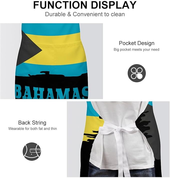 Bahamas Map Flag Apron,Waterproof Unisex Adult Aprons with Pockets Kitchen Baking Aprons