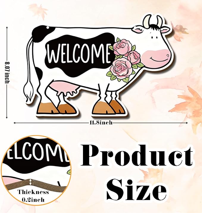 Farmhouse Decor Cow Welcome Sign, Rustic Wood Wall Art Watercolor Oil Painting Style Black and White Cow with Flowers Animal Shaped Hanging Plaque for Kitchen Porch Barn, 11.8x8 Inches