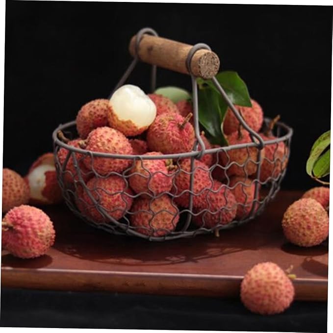 2pcs Vintage Iron Wire Storage Basket with Wooden Handle, Small Multi-function Farmhouse Style Egg and Fruit Basket for Kitchen Countertop Organization