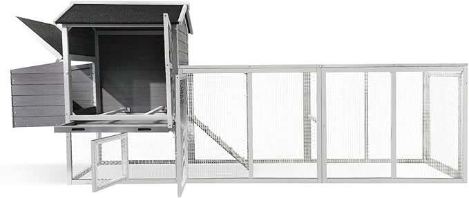 Large Outdoor Chicken Coop, Durable Wooden Hen House with Run & Nesting Box, Anti-UV Waterproof Roof, Sliding Door & Ramp for Backyard Small Animals, Gray