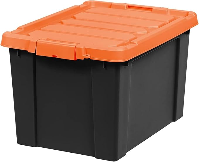 IRIS USA 4 Pack Lockable Storage Bins, Heavy Duty Stackable Containers with Lids for Garage Organization or Moving, 20 Gallon, Black/Orange