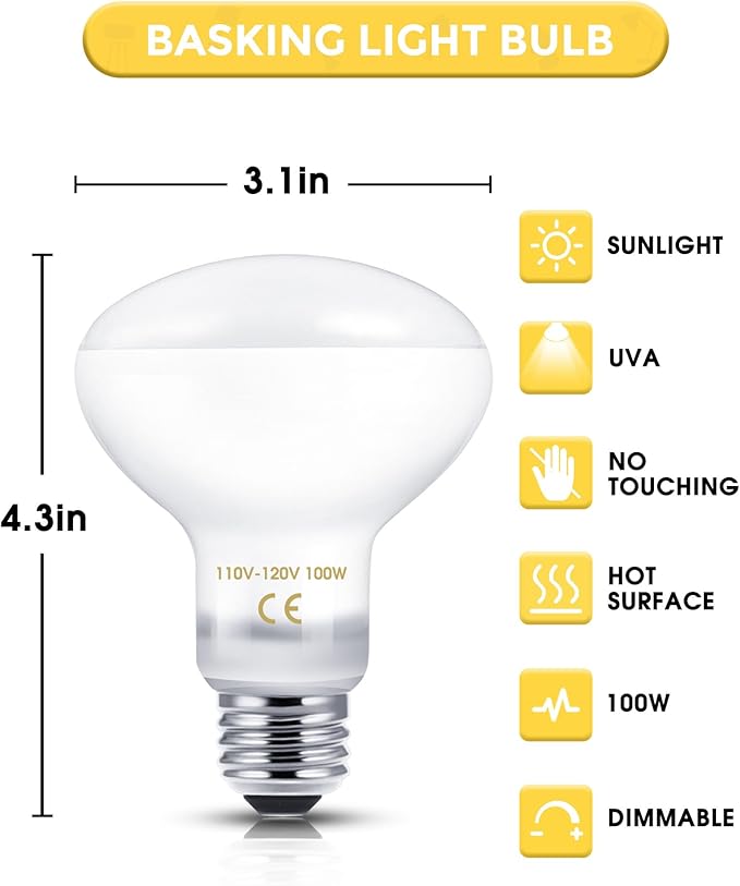 Reptile Heat Lamp Bulbs -100W UVA Natural Daylight Heating Lamp Basking Bulb for Bearded Dragon, Basking Spot Floodlight Light for Reptiles, Lizard, Turtle, Snake Bathroom, Plants,Chickens Pets,2 Pack