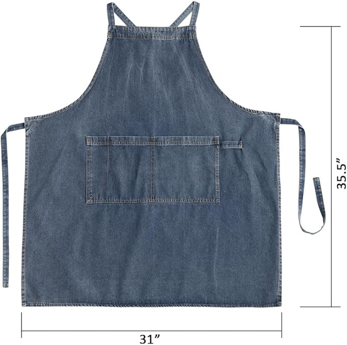 Adjustable Bib Apron with Large Pockets, Cotton Denim Gardening Apron Cross Back Work Jean Apron for Women Men(Style A, Deep Blue)
