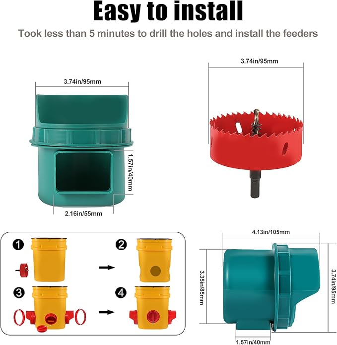 Chicken Feeder No Waste, 6 Ports Automatic Poultry Feeder with Covers & Hole Saw, Rain Proof Chicken Feeder Port for Buckets, Bins & Barrels