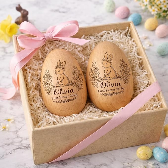 Personalized Wooden Easter Egg – Custom Engraved Bunny Name Egg, Baby First Easter Keepsake Gift, Rustic Wood Bunny Decor, Cute Basket Stuffer for Kids, Spring Holiday Gift for Baby Boy Girl/7