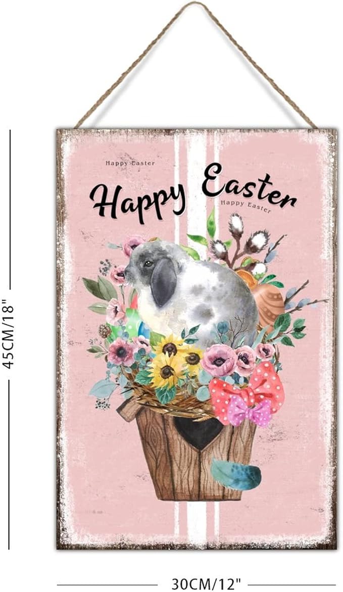 Happy Easter Flower Basket Bunny Wall Hanging Signs French Style Floral Pink Stripes Wooden Sign Plaque Easter Eggs Farmhouse Bunny Wall Decor Sign for Game Room Playroom 12x18in