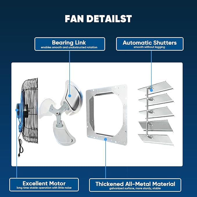 KEN BROWN 20 Inch Shutter Exhaust Fan, Gable Vent Fan, Wall Mount Ventilation, High Speed 3500CFM, Automatic Aluminum Blades, for Garages, Shop, Greenhouse, Attic, with 10ft Power Cord