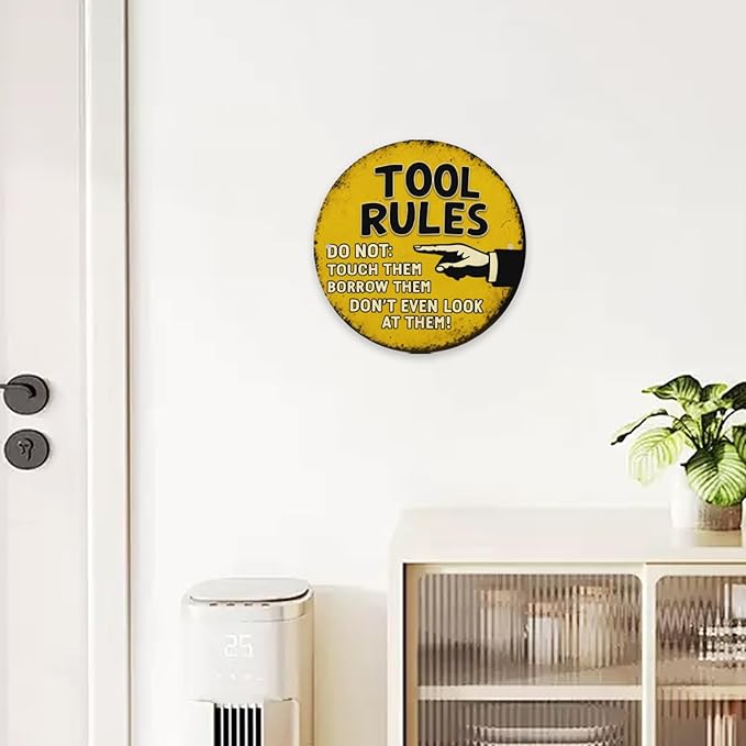Vintage Metal Signage, 8 x 8 inches, Funny Tool Rules Round Metal Sign Don't Garage Decor for Man Cave Room Wall Decorative Home Tin Sign