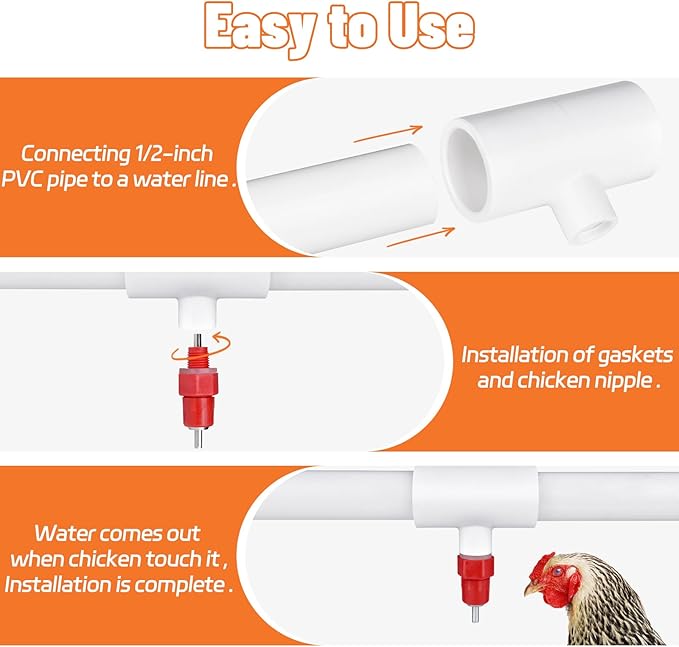 10Pcs Chicken Water Nipples, Chicken Nipple+Tee Waterer Kit, Automatic Poulrty Drinking, Quail, Duck, Geese, Turkeys