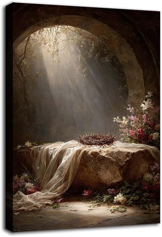 He Is Risen Canvas Easter Empty Tomb of Jesus Wall Decorations Religious Spring Art Christian Easter Pictures Wall Art Wooden Frame 12x18 inch